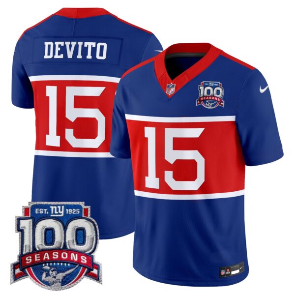 New York Giants ‘Century Red’ 100th Season Commemorative Vapor Jersey – All Stitched – Royal – Tommy DeVito Jersey