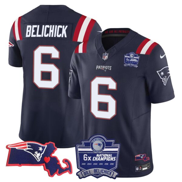 Patriots Bill Belichick 6x Champions Patch Vapor Jersey – All Stitched – Navy – Bill Belichick Jersey