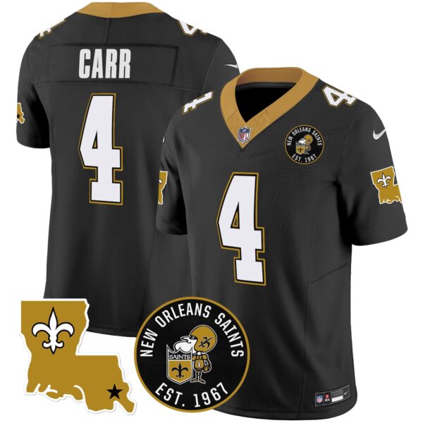 Saints EST. 1967 Patch Vapor Jersey – All Stitched – Black – Derek Carr Jersey