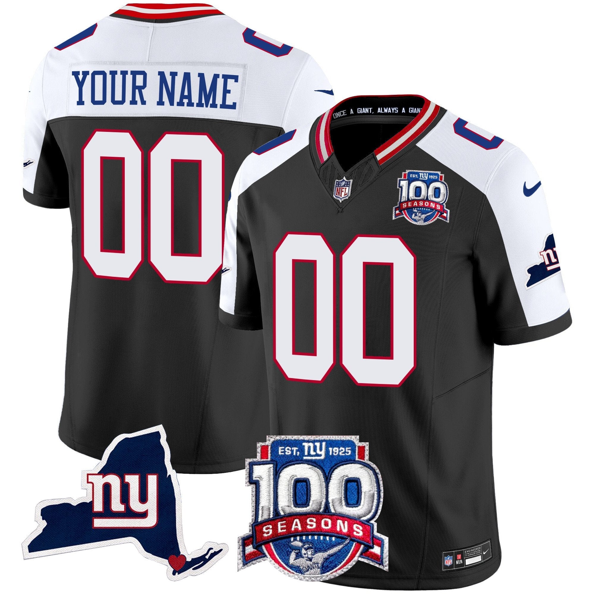 New York Giants 100th Season & State Patch Vapor Limited Custom Jersey – All Stitched – Black Alternate Jersey