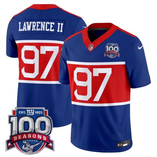 New York Giants ‘Century Red’ 100th Season Commemorative Vapor Jersey – All Stitched – Royal – Dexter Lawrence II Jersey