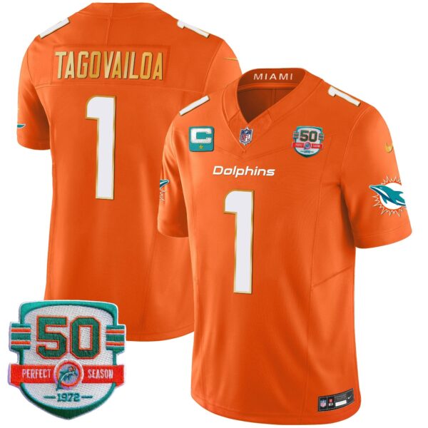 Dolphins Gold Trim Vapor Limited Jersey – All Stitched – Orange – Tua Tagovailoa Jersey
