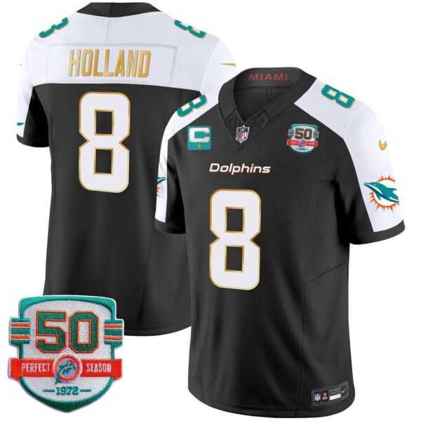Dolphins Gold Trim Vapor Limited Jersey – All Stitched – Black Alternate – Jevon Holland Jersey