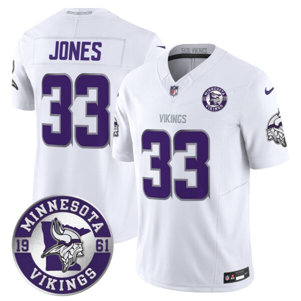 Minnesota Vikings 2024 Vapor Limited Jersey V2 – Est. 1961 Patch – All Stitched – Winter Warrior – Aaron Jones Jersey
