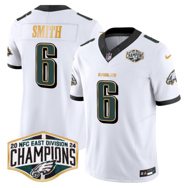 Eagles 2024 NFC East Division Champions Gold Trim Vapor Limited Jersey – All Stitched – White – DeVonta Smith Jersey