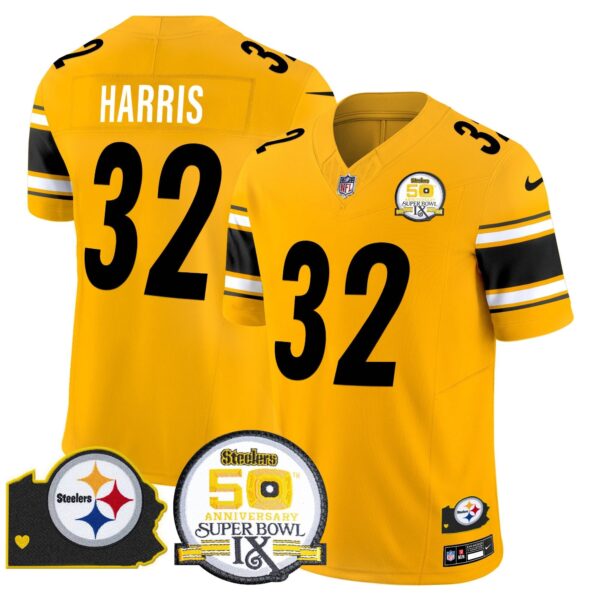 Steelers 50th Anniversary Of Super Bowl IX & Map Patch Vapor Limited Jersey – All Stitched – Gold – Franco Harris Jersey