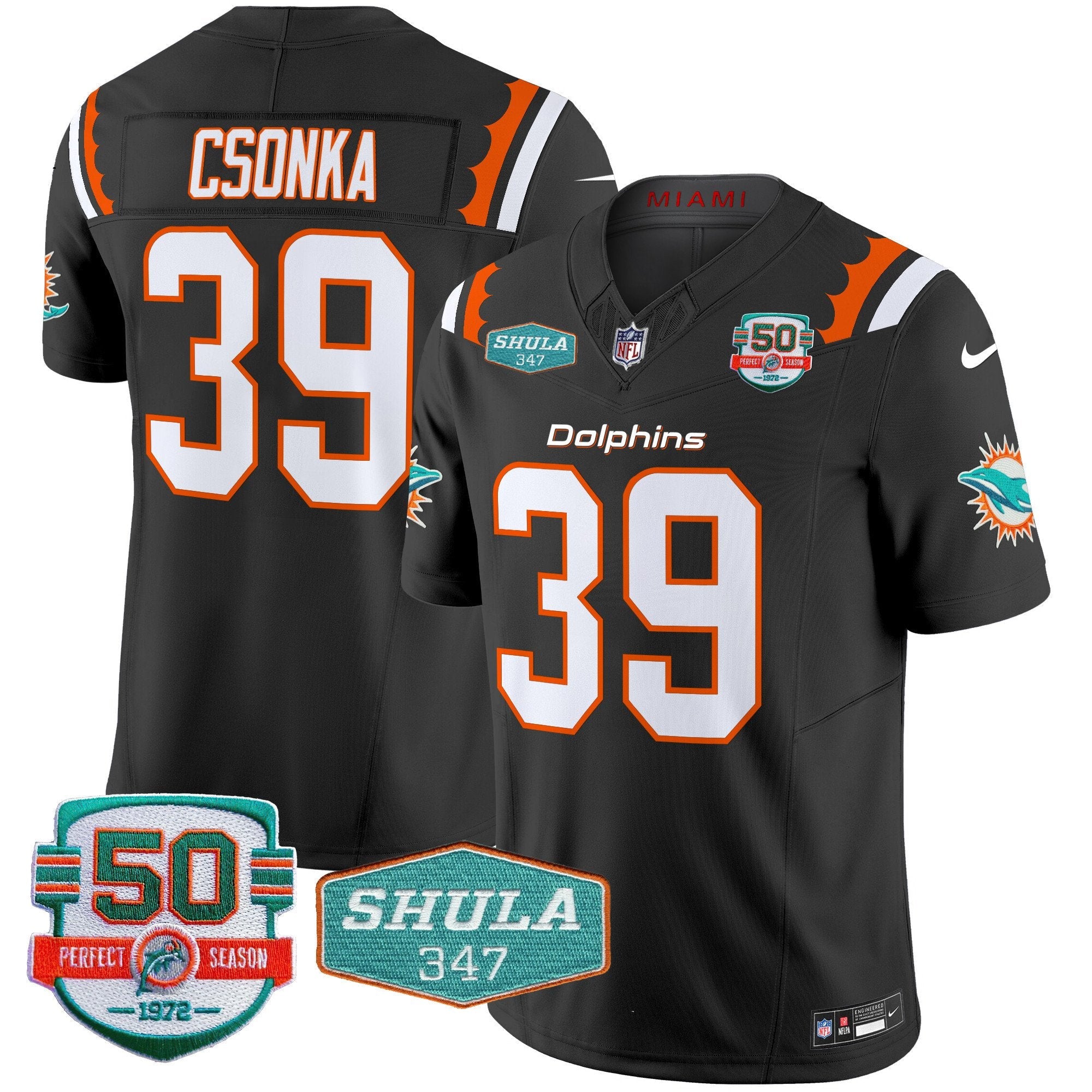 Dolphins 50th & Don Shula 347 Memorial Patch Vapor Limited Jersey – All Stitched – Black – Larry Csonka Jersey