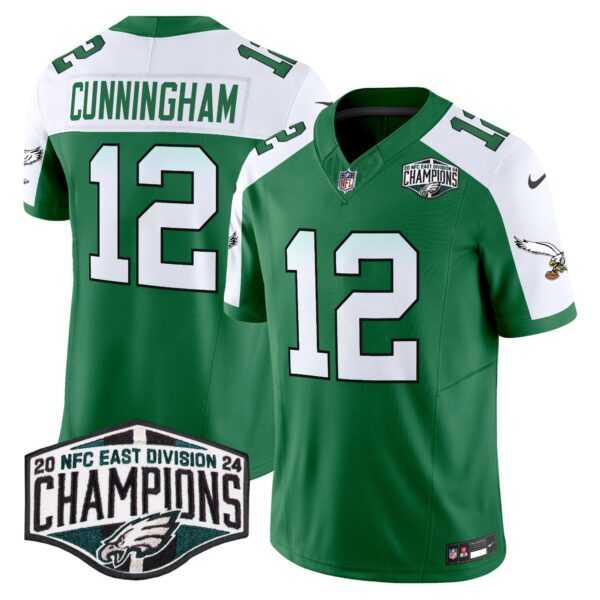 Philadelphia Eagles Kelly Green 2024 NFC East Division Champions Vapor Limited Jersey V2 – All Stitched – Kelly Alternate – Randall Cunningham Jersey
