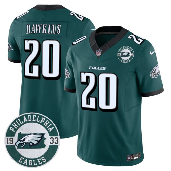 Eagles 2024 Vapor Limited Jersey – Est. 1933 Patch – All Stitched – Midnight Green – Brian Dawkins Jersey
