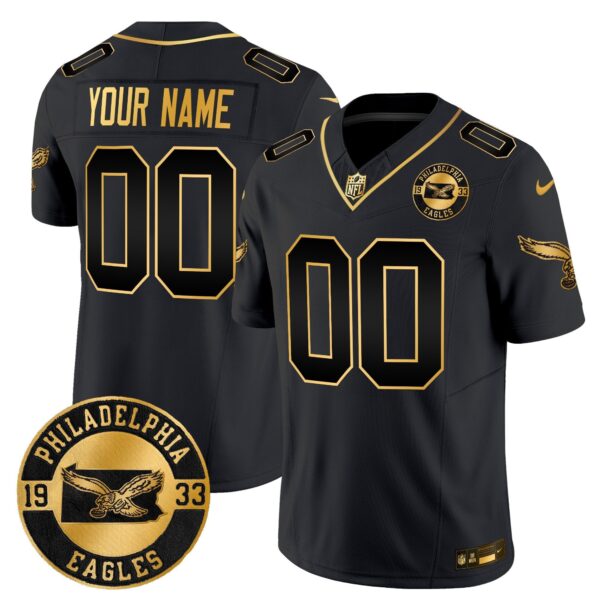 Philadelphia Eagles 2024 Throwback Gold Vapor Limited Custom Jersey – Est. 1933 Patch – All Stitched – Black Gold Jersey
