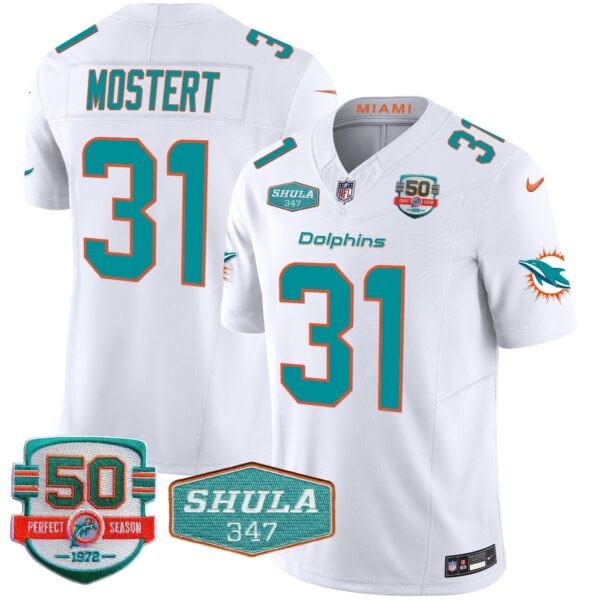 Dolphins Shula 347 Patch Vapor Limited Jersey V2 – All Stitched – White – Raheem Mostert Jersey