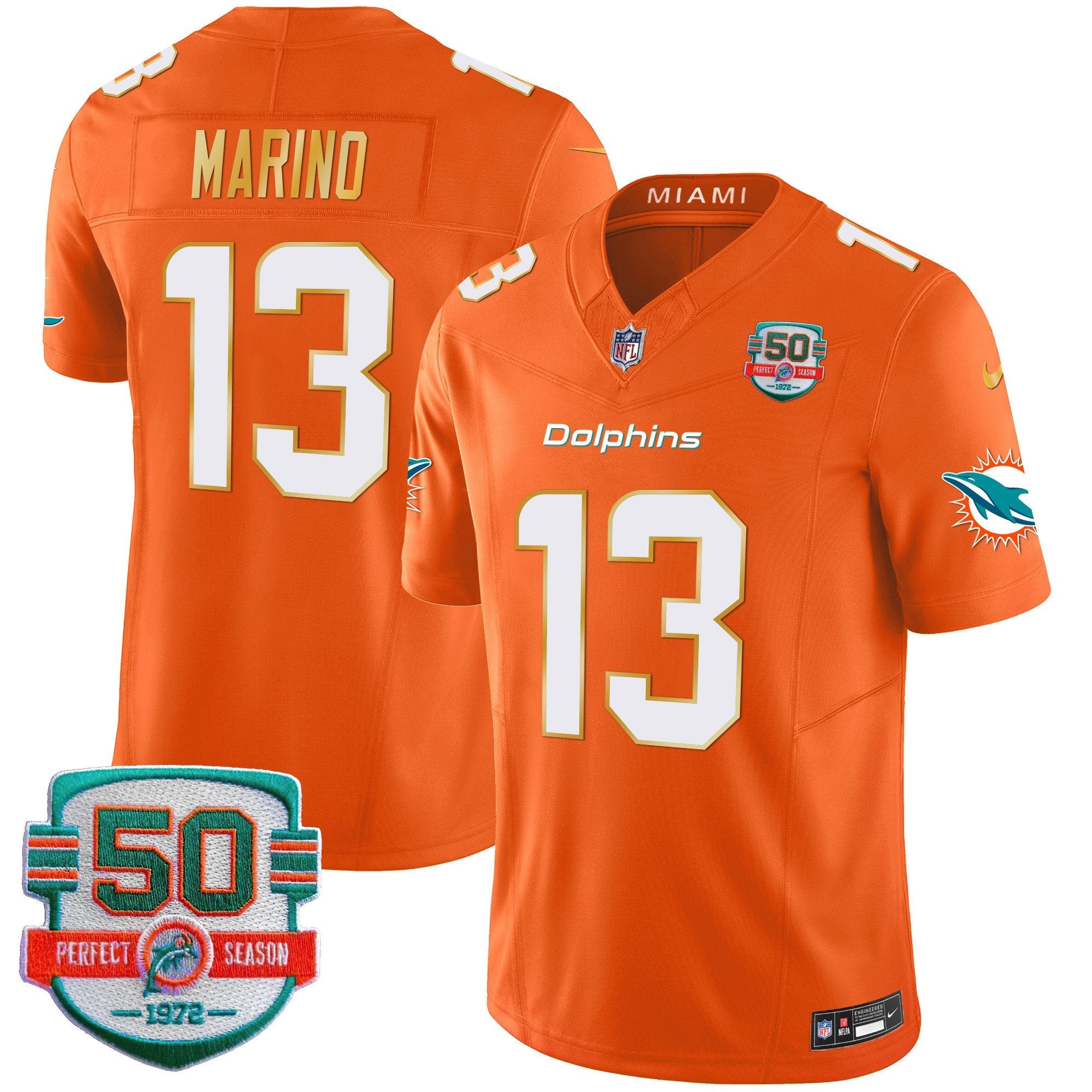 Dolphins Gold Trim Vapor Limited Jersey – All Stitched – Orange – Dan Marino Jersey