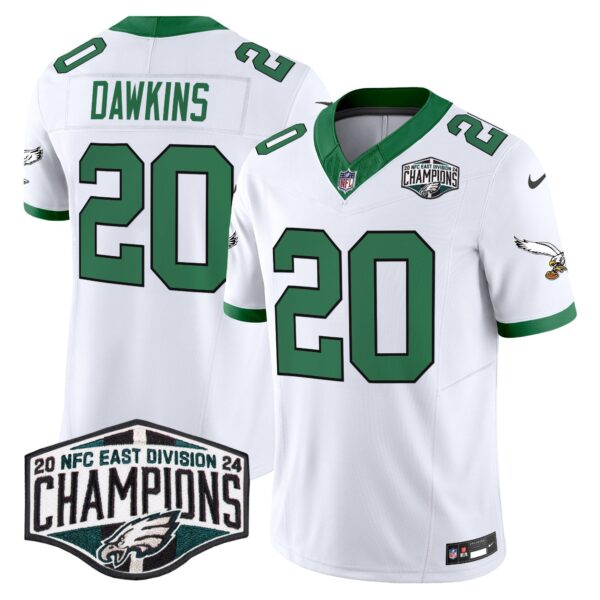 Philadelphia Eagles Kelly Green 2024 NFC East Division Champions Vapor Limited Jersey V2 – All Stitched – Kelly White – Brian Dawkins Jersey