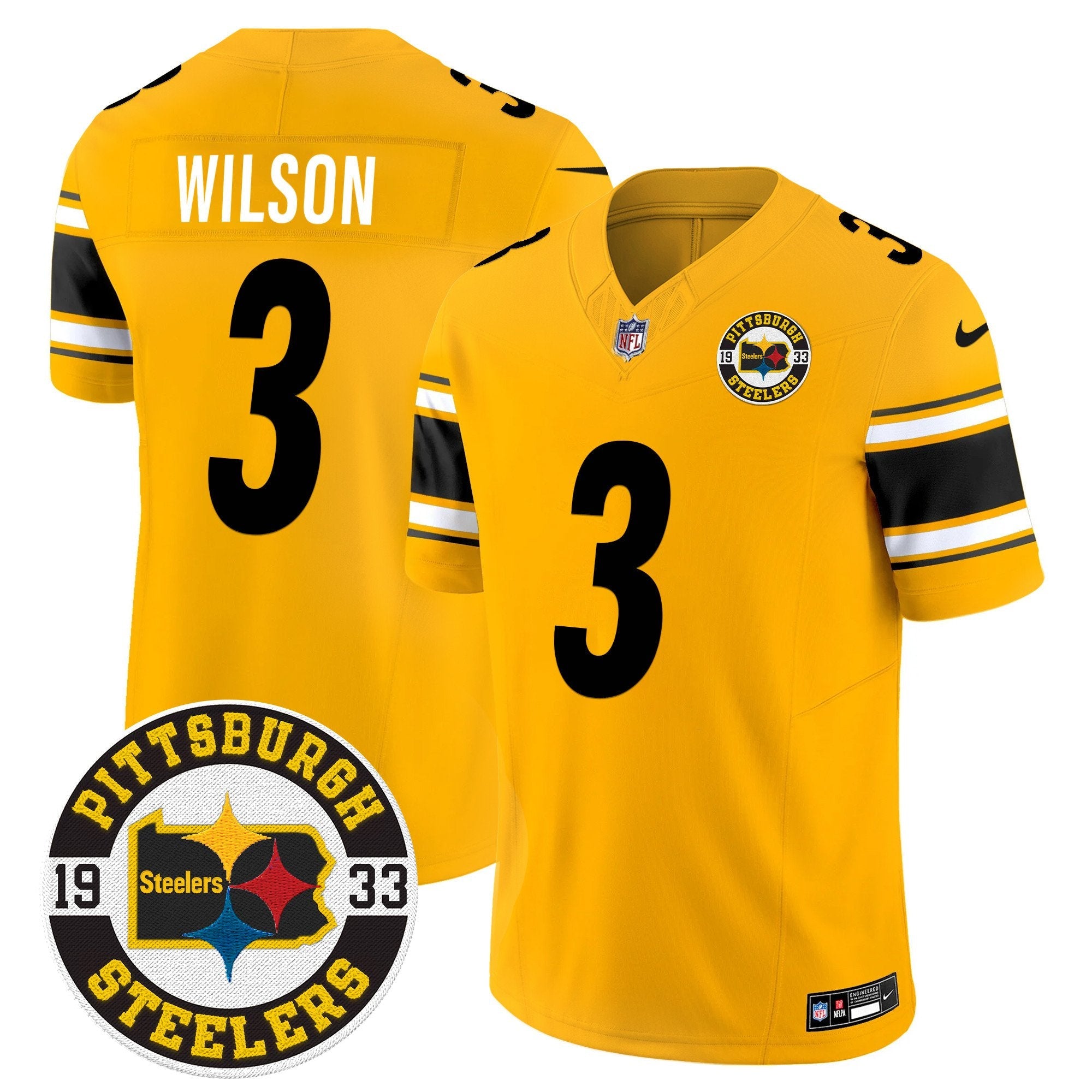 Steelers 2024 Vapor Limited Jersey – Est 1933 Patch – All Stitched – Gold – Russell Wilson Jersey