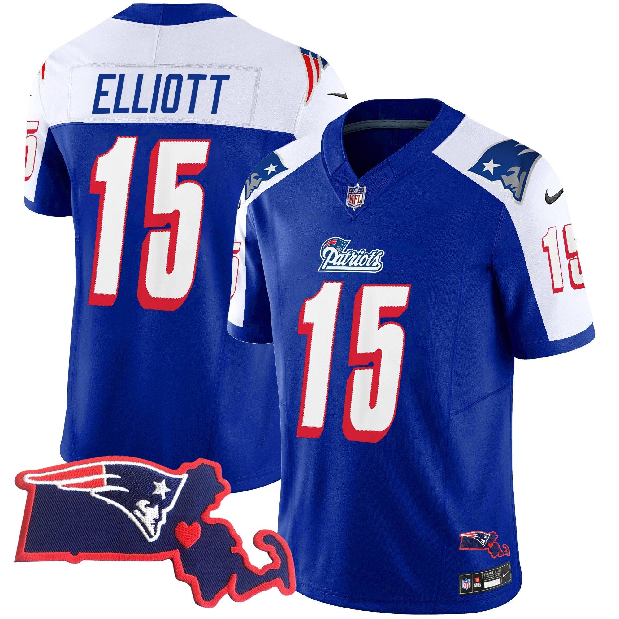 Patriots 1996 Throwback State Patch Vapor Jersey – All Stitched – Royal Alternate – Ezekiel Elliott Jersey