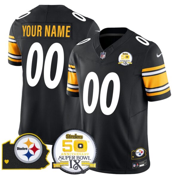 Steelers 50th Anniversary Of Super Bowl IX & Map Patch Vapor Limited Custom Jersey – All Stitched – Black Jersey