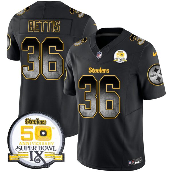 Steelers Arch Smoke 50th Anniversary Of Super Bowl IX Patch Vapor Limited Jersey – All Stitched – Black – Jerome Bettis Jersey