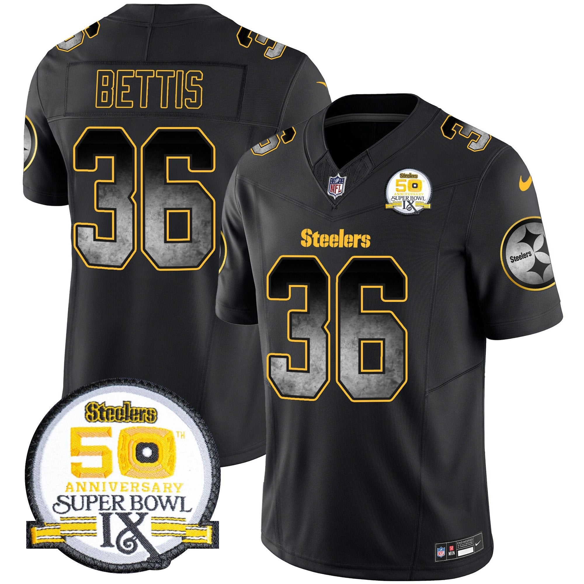 Steelers Arch Smoke 50th Anniversary Of Super Bowl IX Patch Vapor Limited Jersey – All Stitched – Black – Jerome Bettis Jersey