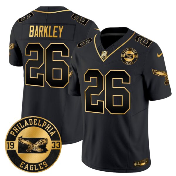 Philadelphia Eagles 2024 Throwback Gold Vapor Limited Jersey – Est. 1933 Patch – All Stitched – Black Gold – Saquon Barkley Jersey