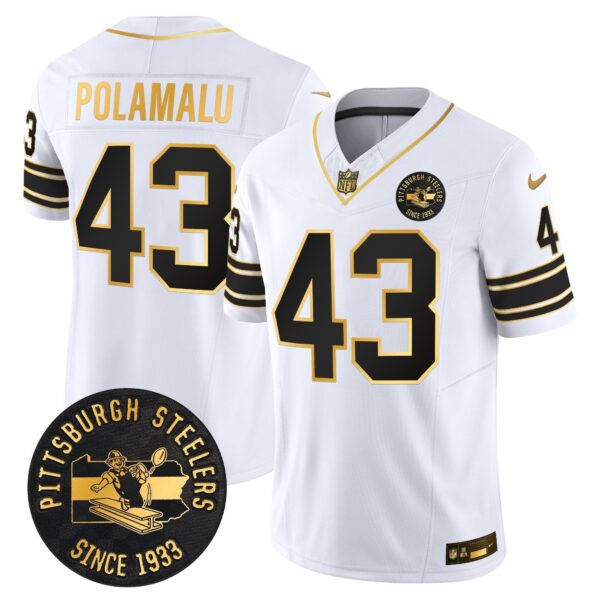 Pittsburgh Steelers Throwback 1933 Patch Gold Vapor Limited Jersey – All Stitched – White Gold – Troy Polamalu Jersey
