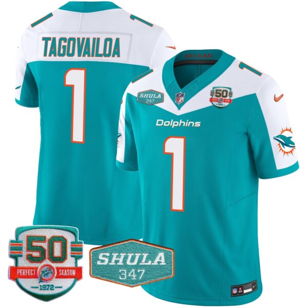 Dolphins Shula 347 Patch Vapor Limited Jersey V2 – All Stitched – Aqua Alternate – Tua Tagovailoa Jersey