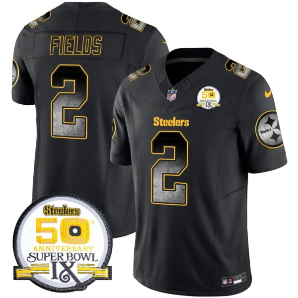 Steelers Arch Smoke 50th Anniversary Of Super Bowl IX Patch Vapor Limited Jersey – All Stitched – Black – Justin Fields Jersey