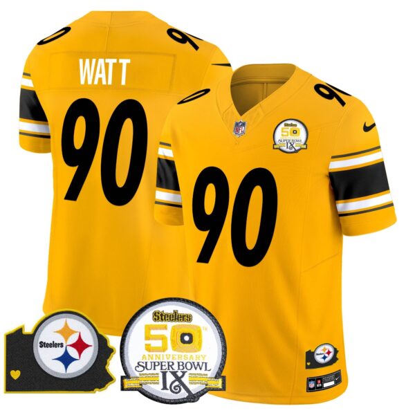 Steelers 50th Anniversary Of Super Bowl IX & Map Patch Vapor Limited Jersey – All Stitched – Gold – T. J. Watt Jersey