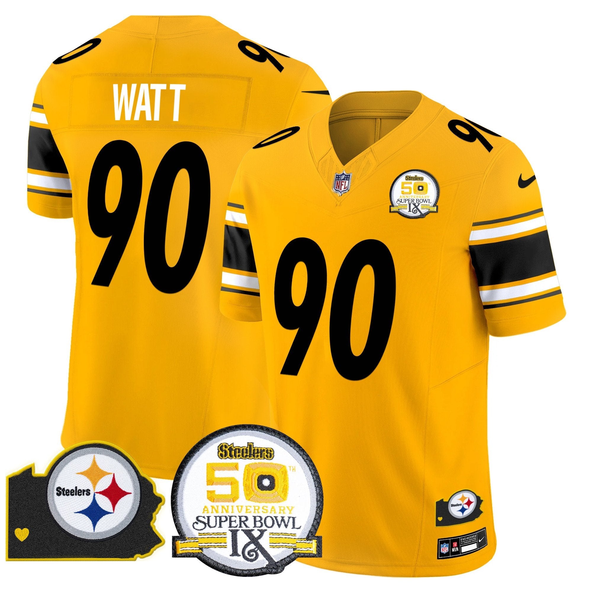 Steelers 50th Anniversary Of Super Bowl IX & Map Patch Vapor Limited Jersey – All Stitched – Gold – T. J. Watt Jersey
