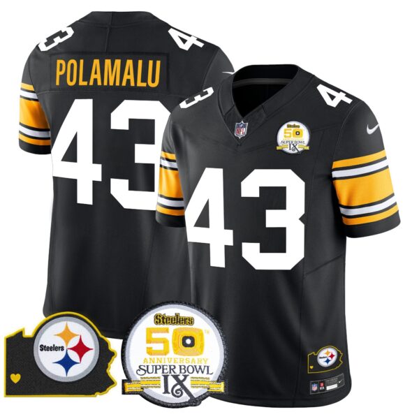 Steelers 50th Anniversary Of Super Bowl IX & Map Patch Vapor Limited Jersey – All Stitched – 1975 Throwback – Troy Polamalu Jersey