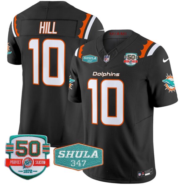 Dolphins 50th & Don Shula 347 Memorial Patch Vapor Limited Jersey – All Stitched – Black – Tyreek Hill Jersey