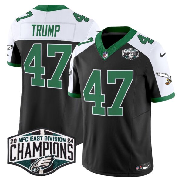 Philadelphia Eagles Kelly Green 2024 NFC East Division Champions Vapor Limited Jersey V2 – All Stitched – Black Alternate – Donald Trump Jersey