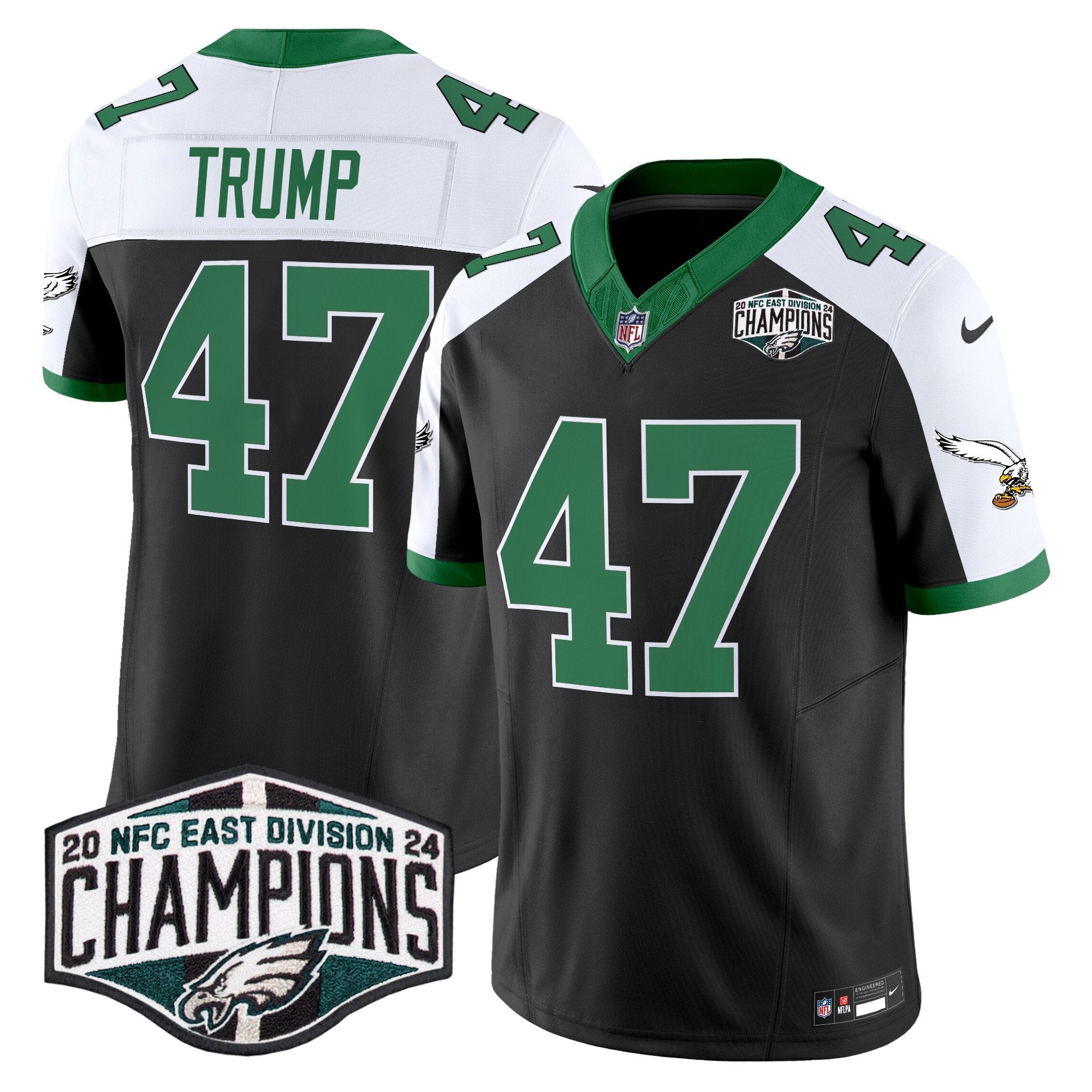 Philadelphia Eagles Kelly Green 2024 NFC East Division Champions Vapor Limited Jersey V2 – All Stitched – Black Alternate – Donald Trump Jersey