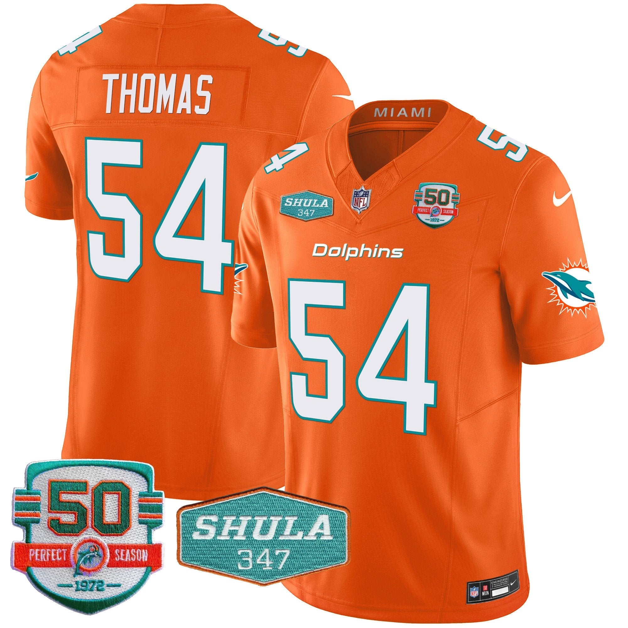 Dolphins Shula 347 Patch Vapor Limited Jersey V2 – All Stitched – Orange – Zach Thomas Jersey