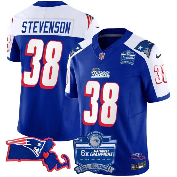 Patriots Bill Belichick 6x Champions Patch Vapor Jersey – All Stitched – 1996 Alternate – Rhamondre Stevenson Jersey