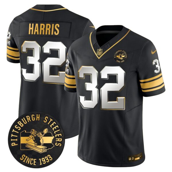Pittsburgh Steelers Throwback 1933 Patch Gold Vapor Limited Jersey – All Stitched – Black Limited – Franco Harris Jersey