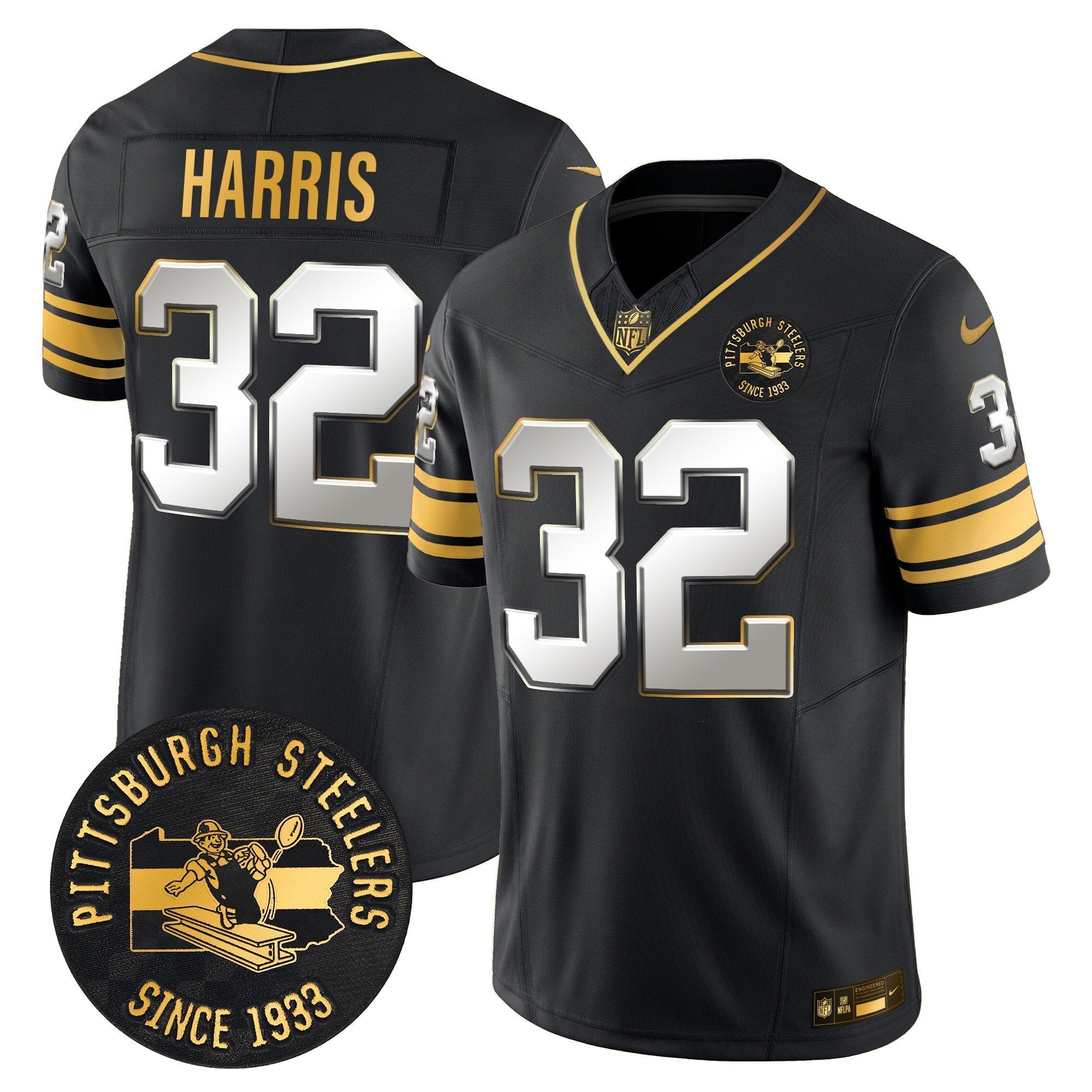 Pittsburgh Steelers Throwback 1933 Patch Gold Vapor Limited Jersey – All Stitched – Black Limited – Franco Harris Jersey