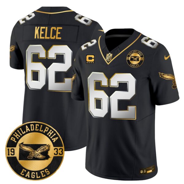 Philadelphia Eagles 2024 Throwback Gold Vapor Limited Jersey – Est. 1933 Patch – All Stitched – Black Limited – Jason Kelce Jersey