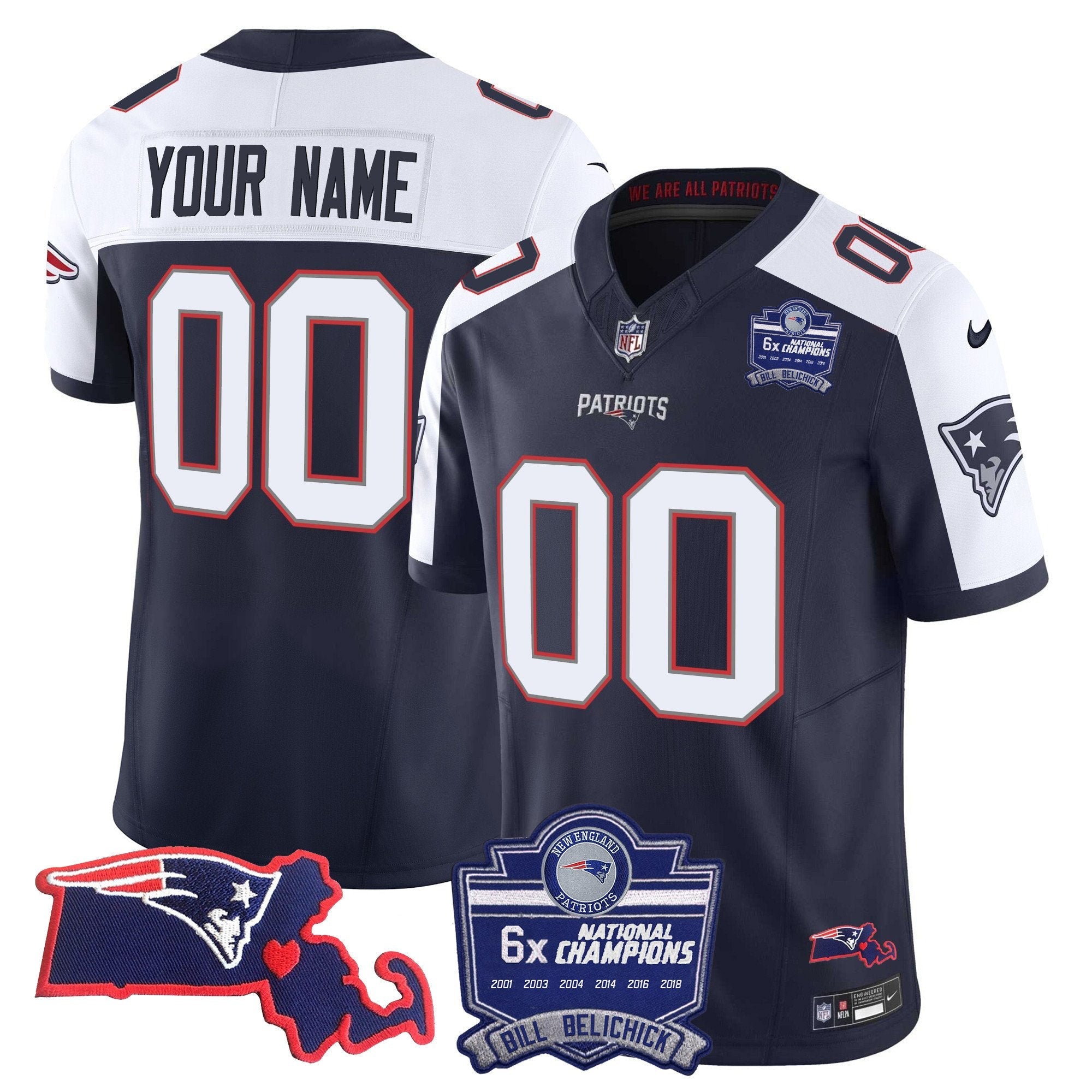 Patriots Bill Belichick 6x Champions Patch Vapor Custom Jersey – All Stitched – Alternate Jersey