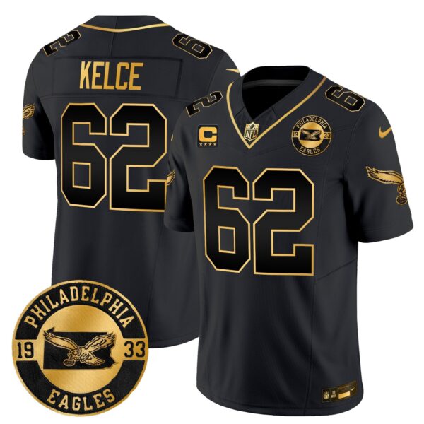 Philadelphia Eagles 2024 Throwback Gold Vapor Limited Jersey – Est. 1933 Patch – All Stitched – Black Gold – Jason Kelce Jersey