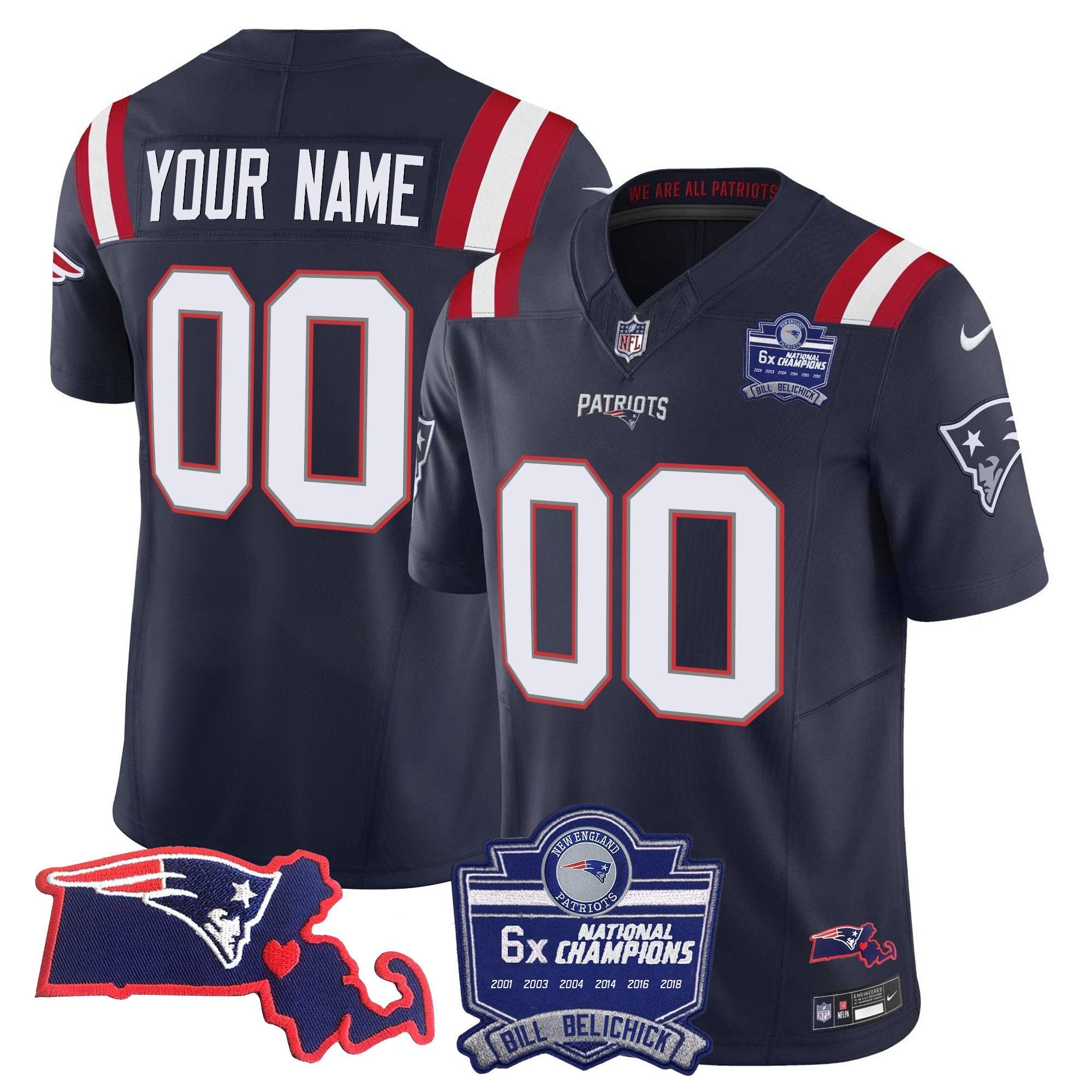 Patriots Bill Belichick 6x Champions Patch Vapor Custom Jersey – All Stitched – Navy Jersey