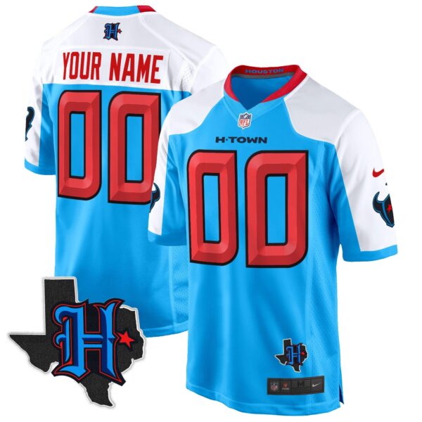 Houston Texans 2024 Texas Patch Game Custom Jersey – All Stitched – Blue Alternate Jersey