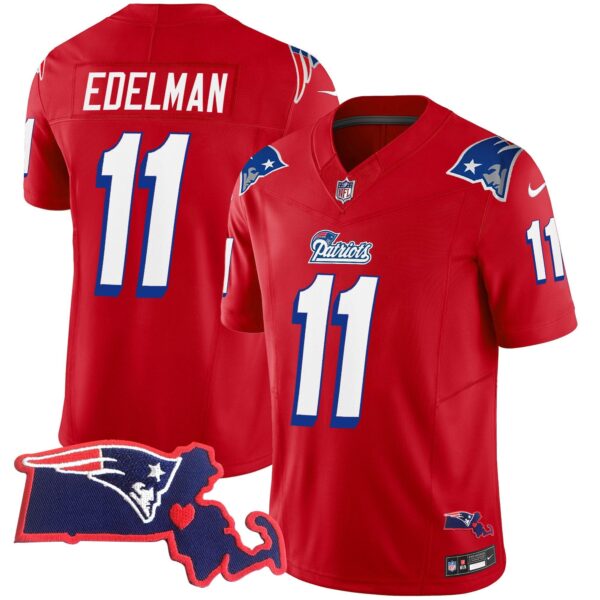 Patriots 1996 Throwback State Patch Vapor Jersey – All Stitched – Red – Julian Edelman Jersey