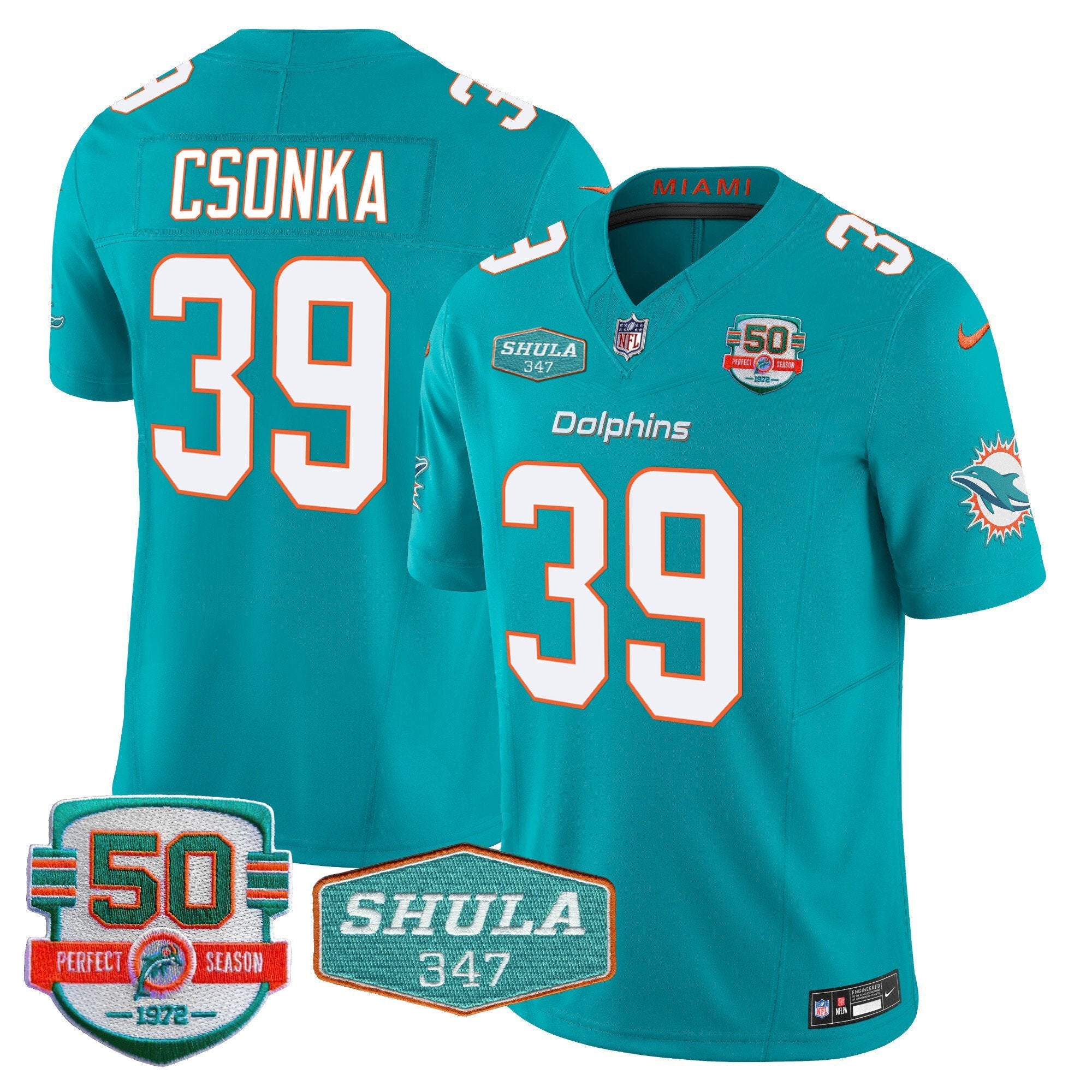 Dolphins Shula 347 Patch Vapor Limited Jersey V2 – All Stitched – Aqua – Larry Csonka Jersey