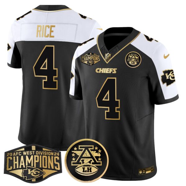 Chiefs 2024 AFC West Division Champions Patch Gold Vapor Limited Jersey – All Stitched – Alternate – Rashee Rice Jersey