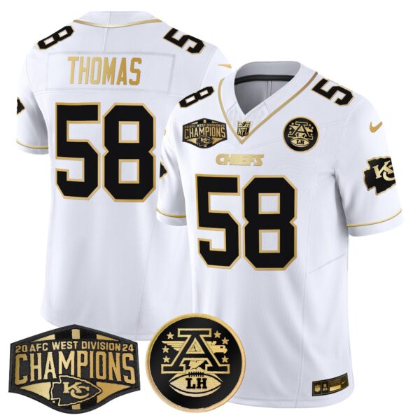 Chiefs 2024 AFC West Division Champions Patch Gold Vapor Limited Jersey – All Stitched – White Gold – Derrick Thomas Jersey