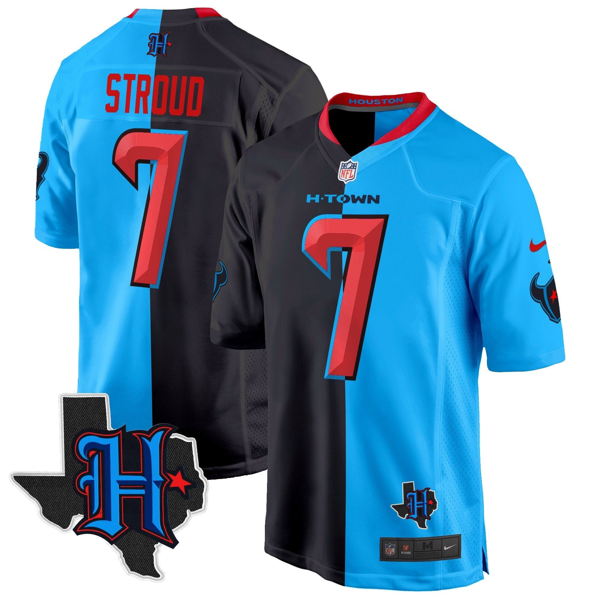 Houston Texans 2024 Texas Patch Game Jersey – All Stitched – Split – C.J. Stroud Jersey