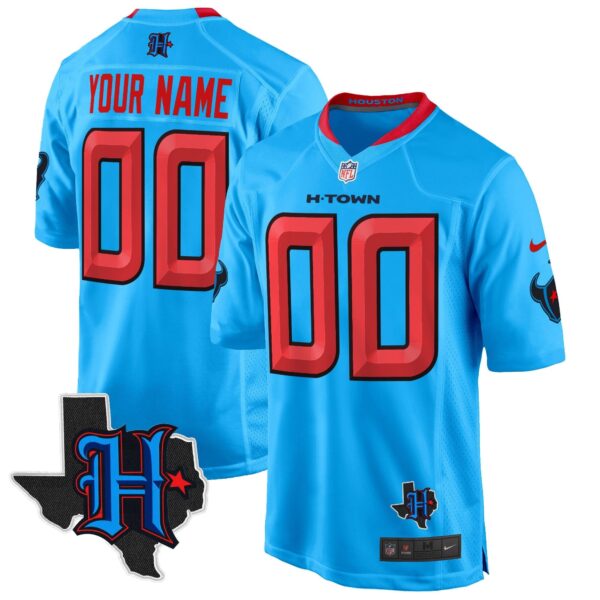 Houston Texans 2024 Texas Patch Game Custom Jersey – All Stitched – Blue Jersey