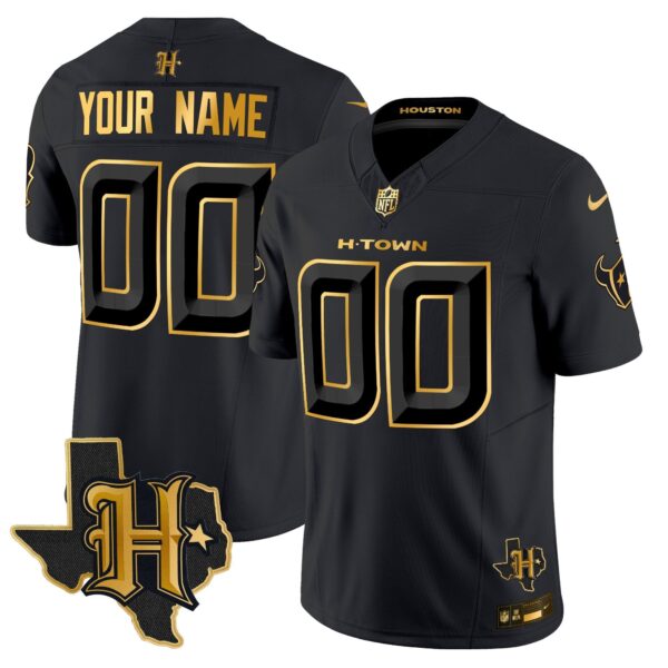 Houston Texans 2024 Texas Patch Gold Vapor Limited Custom Jersey – All Stitched – Black Gold Jersey