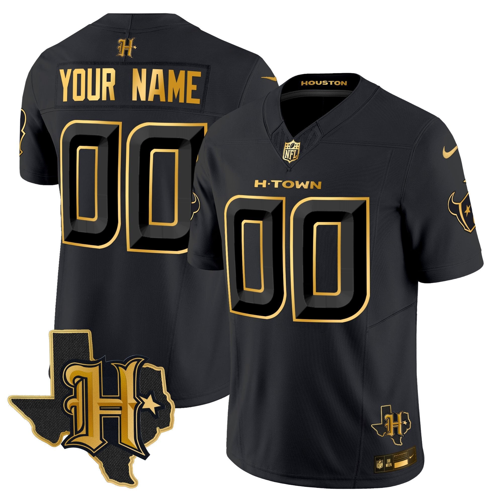 Houston Texans 2024 Texas Patch Gold Vapor Limited Custom Jersey – All Stitched – Black Gold Jersey