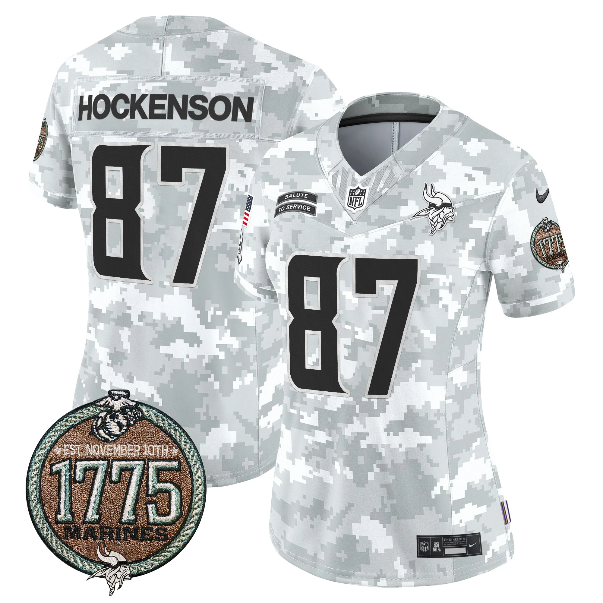 Womens Minnesota Vikings 2024 Salute To Service Establishment Year Patch Vapor Limited Jersey TJ Hockenson Jersey Marines